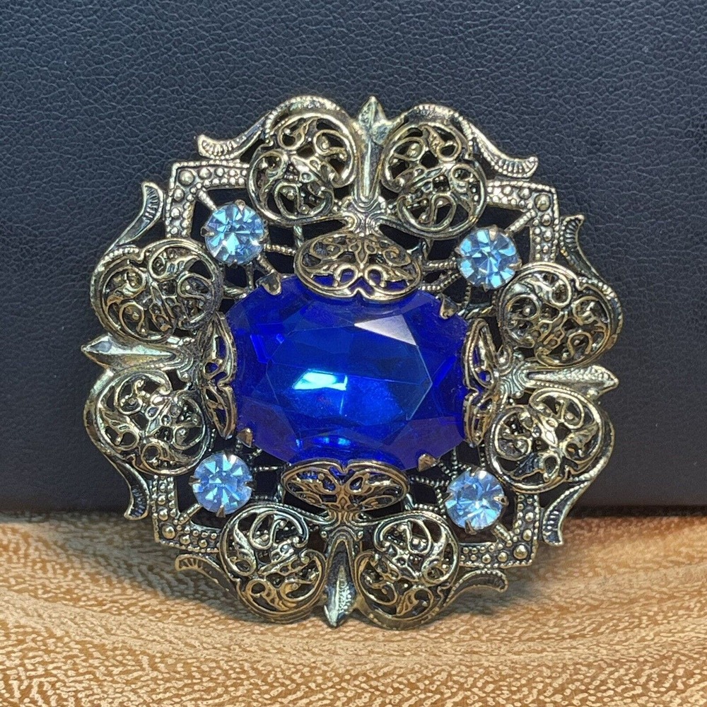 Vintage 1930’s Gilded Filigree Brooch Rectangle Cobalt & Light Blue Czech Glass